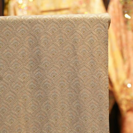 ivory beige pure silk fabric with geometric embroidered design and subtle golden zari dots