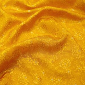 Golden mustard pure silk fabric with floral embroidery and subtle zari detailing