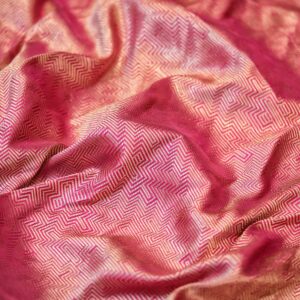 Crimson magenta pure silk brocade fabric with gold zari geometric maze pattern