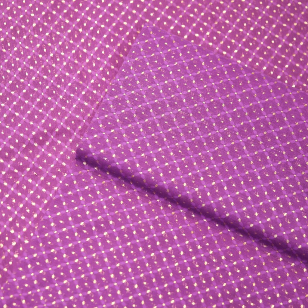 Rose-violet pure cotton jacquard fabric with golden zari weave in diamond-grid pattern