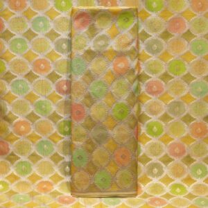Pure organza silk fabric with multicolor circular motifs and golden zari weaving on a pastel base