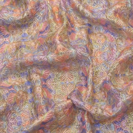 Pure organza fabric with blooming multicolor floral embroidery and golden Zari highlights