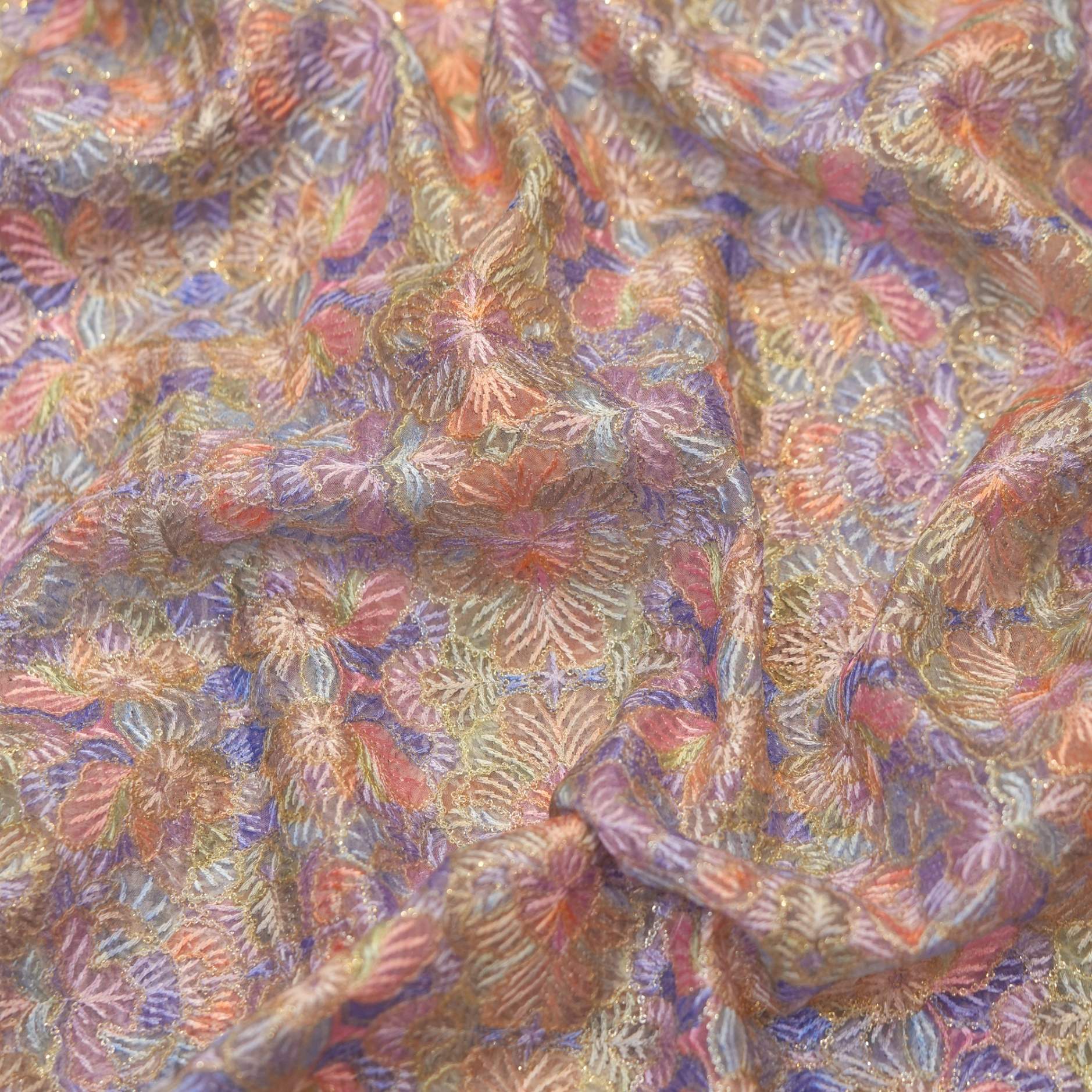 Pure organza fabric with blooming multicolor floral embroidery and golden Zari highlights