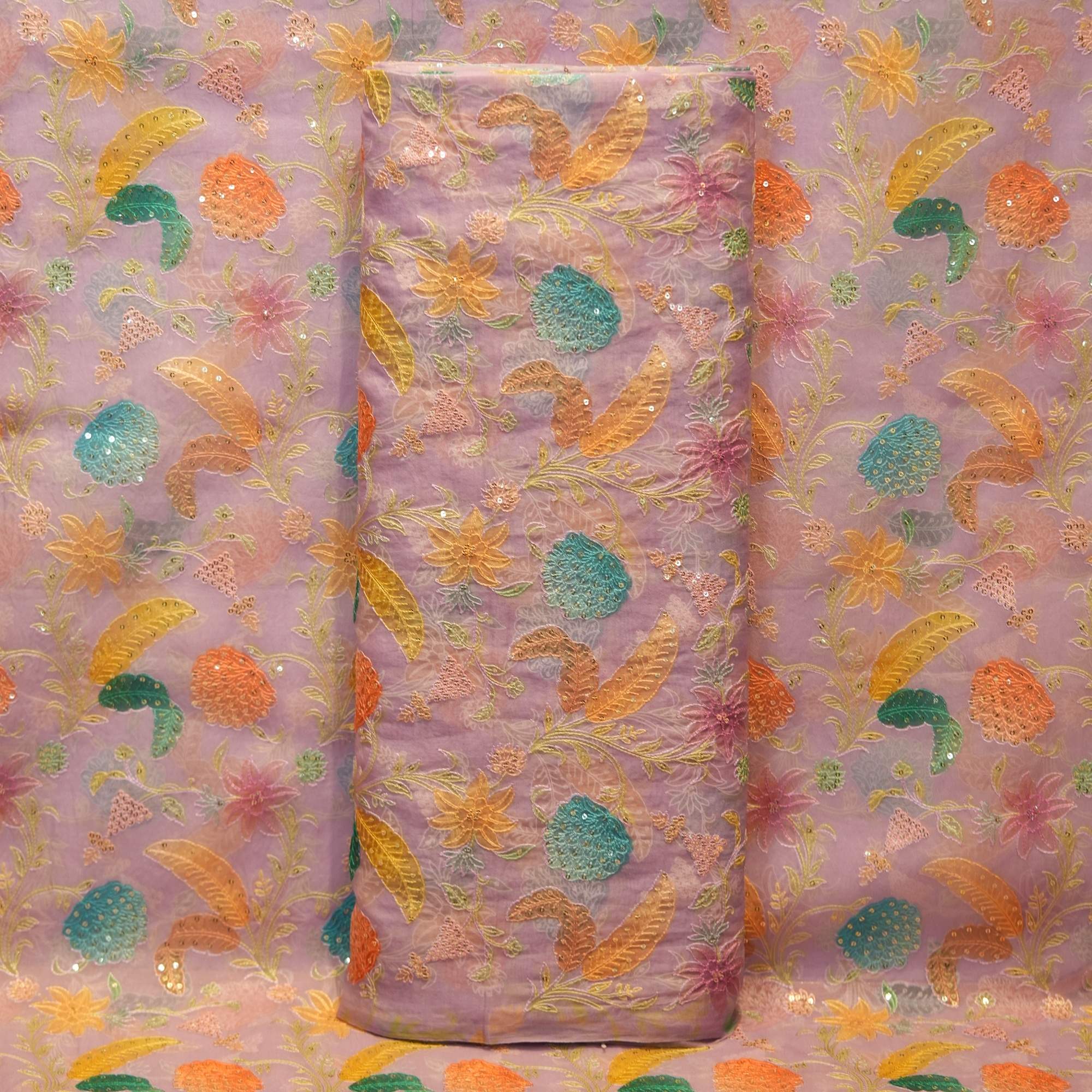 Pure organza fabric with pastel embroidery, hand-dyed floral motifs, and sequin embellishments