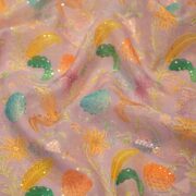 Pure organza fabric with pastel embroidery, hand-dyed floral motifs, and sequin embellishments