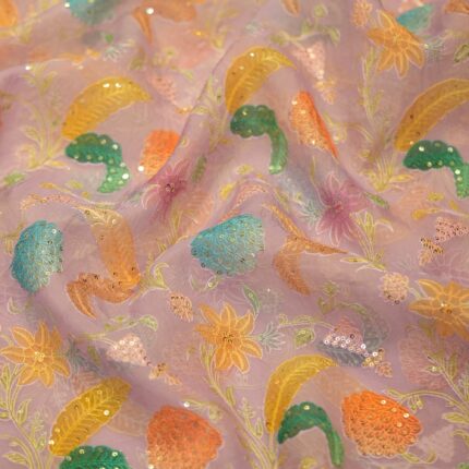 Pure organza fabric with pastel embroidery, hand-dyed floral motifs, and sequin embellishments
