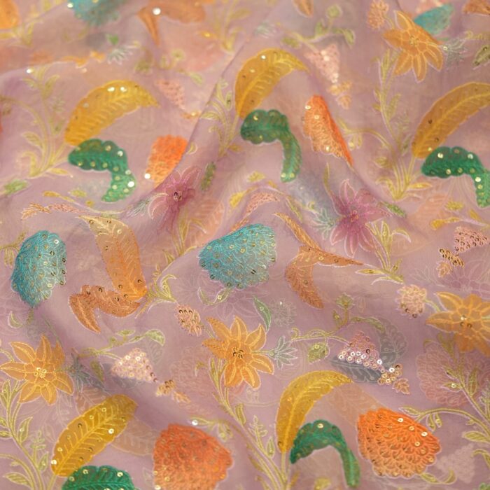 Pure organza fabric with pastel embroidery, hand-dyed floral motifs, and sequin embellishments