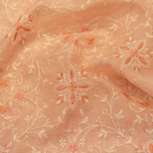 Pure organza fabric in soft blush pink with intricate thread embroidery in floral patterns
