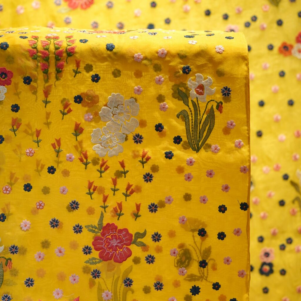 Yellow Pure Organza Fabric with Multicolor Floral Embroidery – Sheer Designer Fabric for Kaftans and Thobes