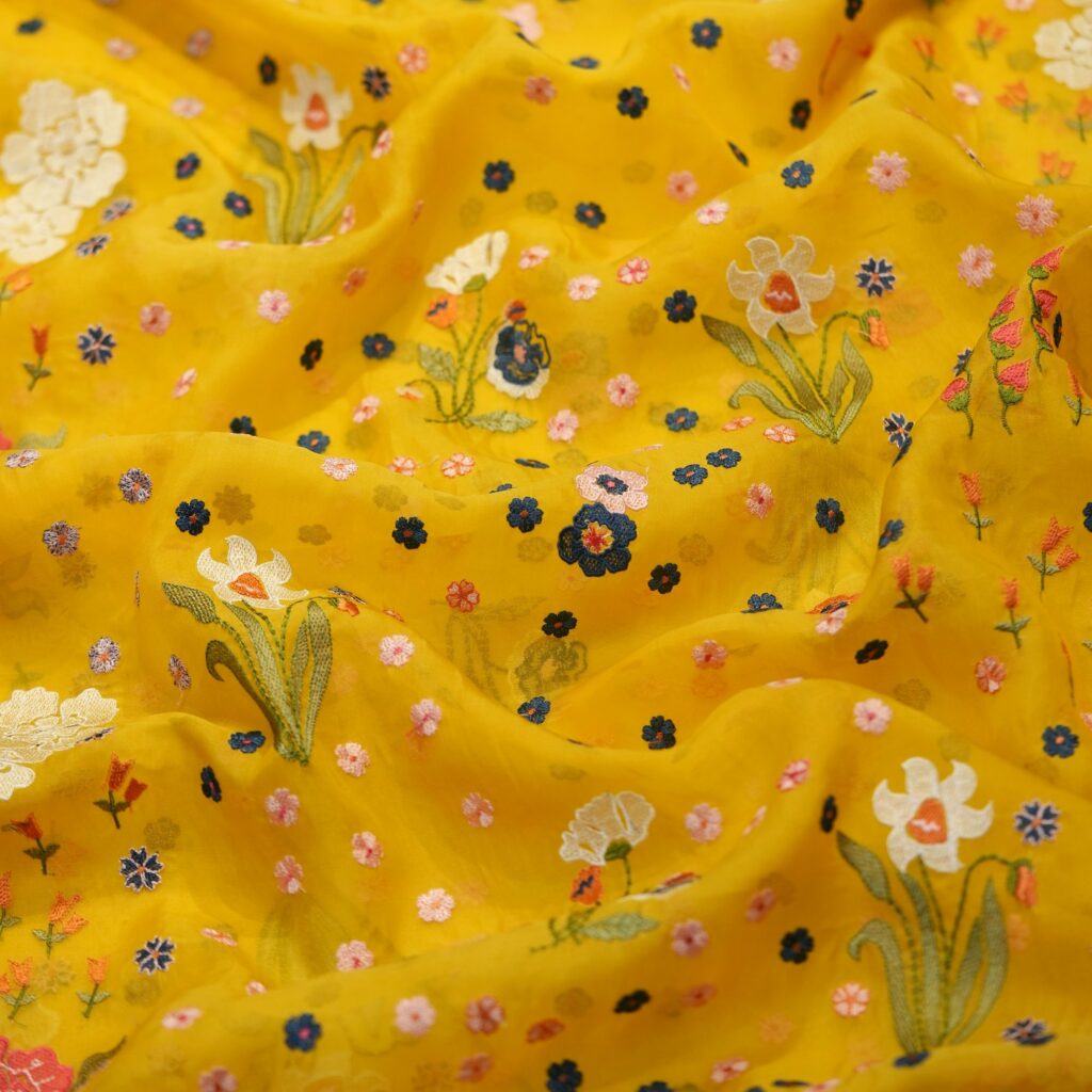 Yellow Pure Organza Fabric with Multicolor Floral Embroidery – Sheer Designer Fabric for Kaftans and Thobes