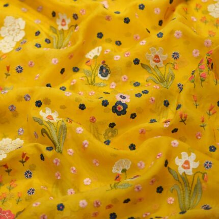 Yellow Pure Organza Fabric with Multicolor Floral Embroidery – Sheer Designer Fabric for Kaftans and Thobes