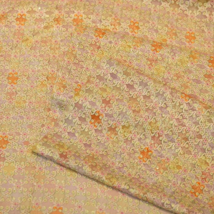 Hand-dyed pure organza fabric with multicolor aari embroidery in floral motifs – soft and sheer couture fabric