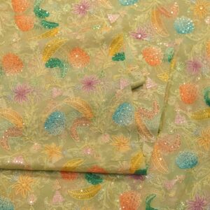 Pastel hand-dyed pure organza fabric with floral embroidery and sequin detailing – sheer couture fabric
