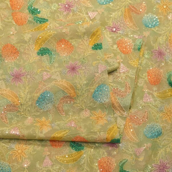 Pastel hand-dyed pure organza fabric with floral embroidery and sequin detailing – sheer couture fabric
