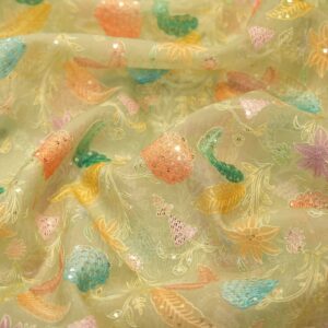 Pastel hand-dyed pure organza fabric with floral embroidery and sequin detailing – sheer couture fabric
