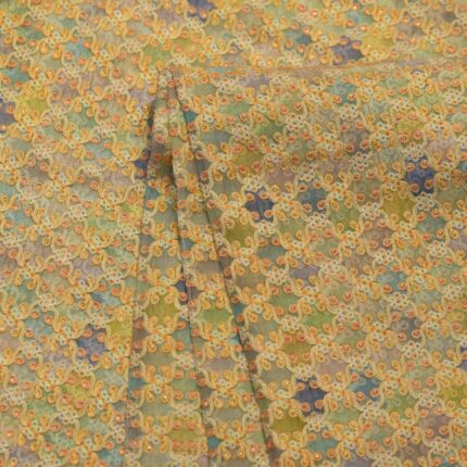 Pastel hand-dyed pure organza fabric with intricate aari embroidery – lightweight sheer fabric for couture kaftans and thobes