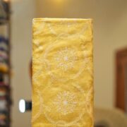 Yellow organza fabric with multicolor floral embroidery and sequin embellishments – luxury festive fabric