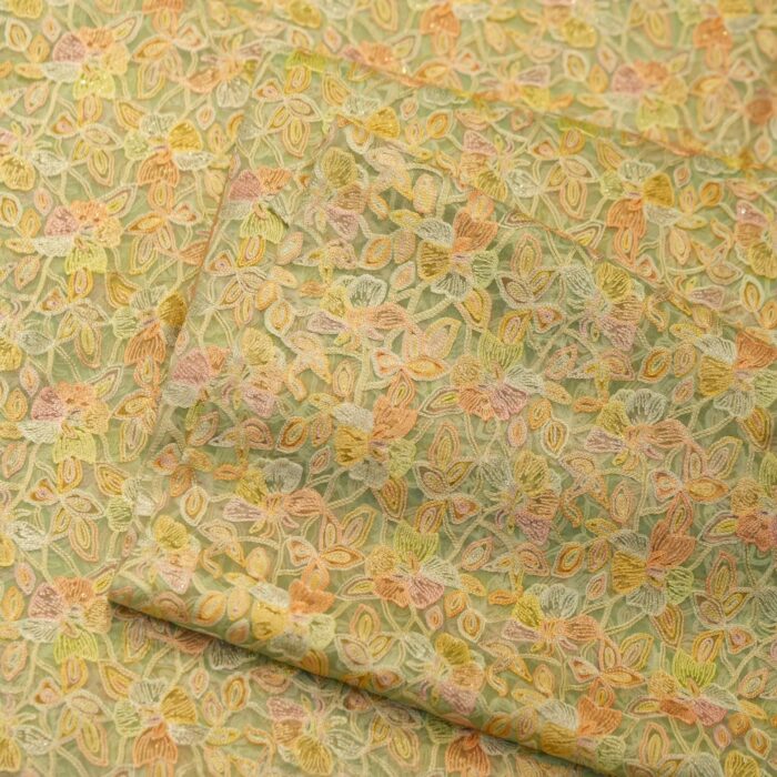 Pastel hand-brushed pure organza fabric with floral aari embroidery and intricate jaal design