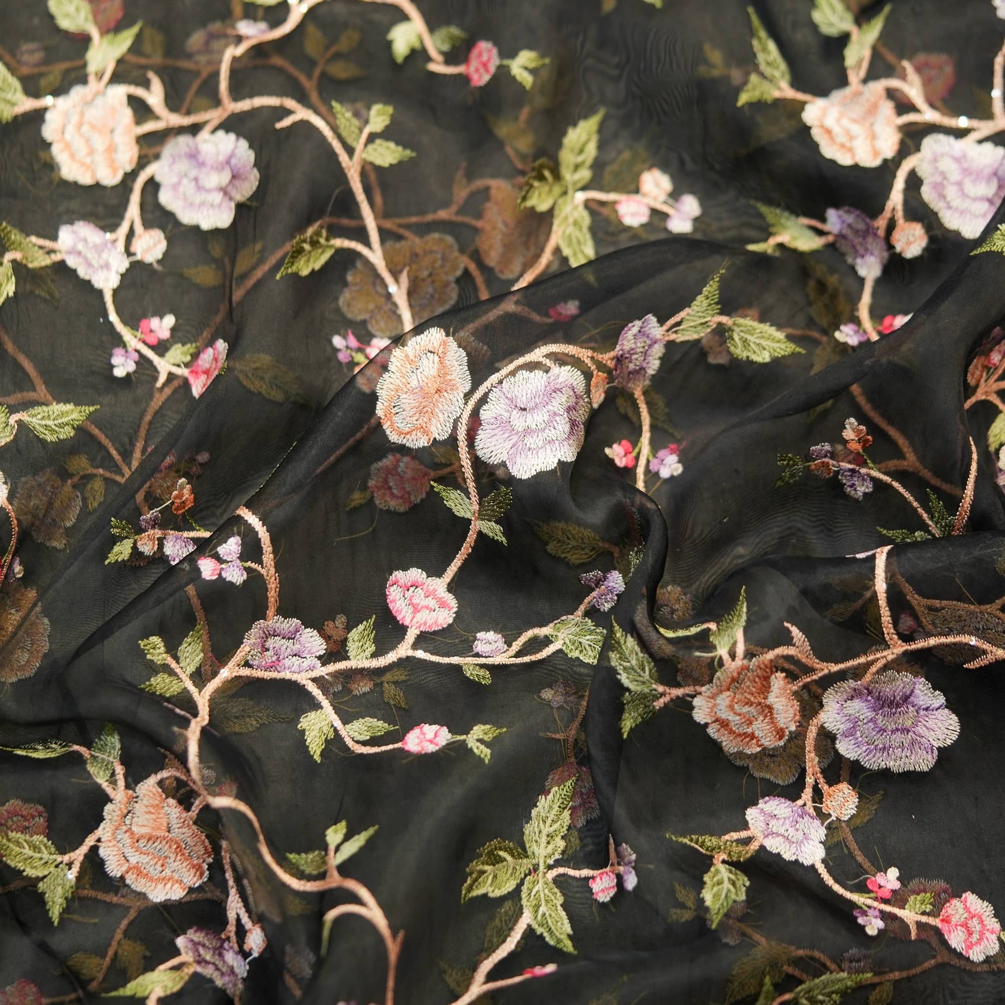 Black pure organza fabric with multicolor floral thread embroidery – sheer luxury designer fabric
