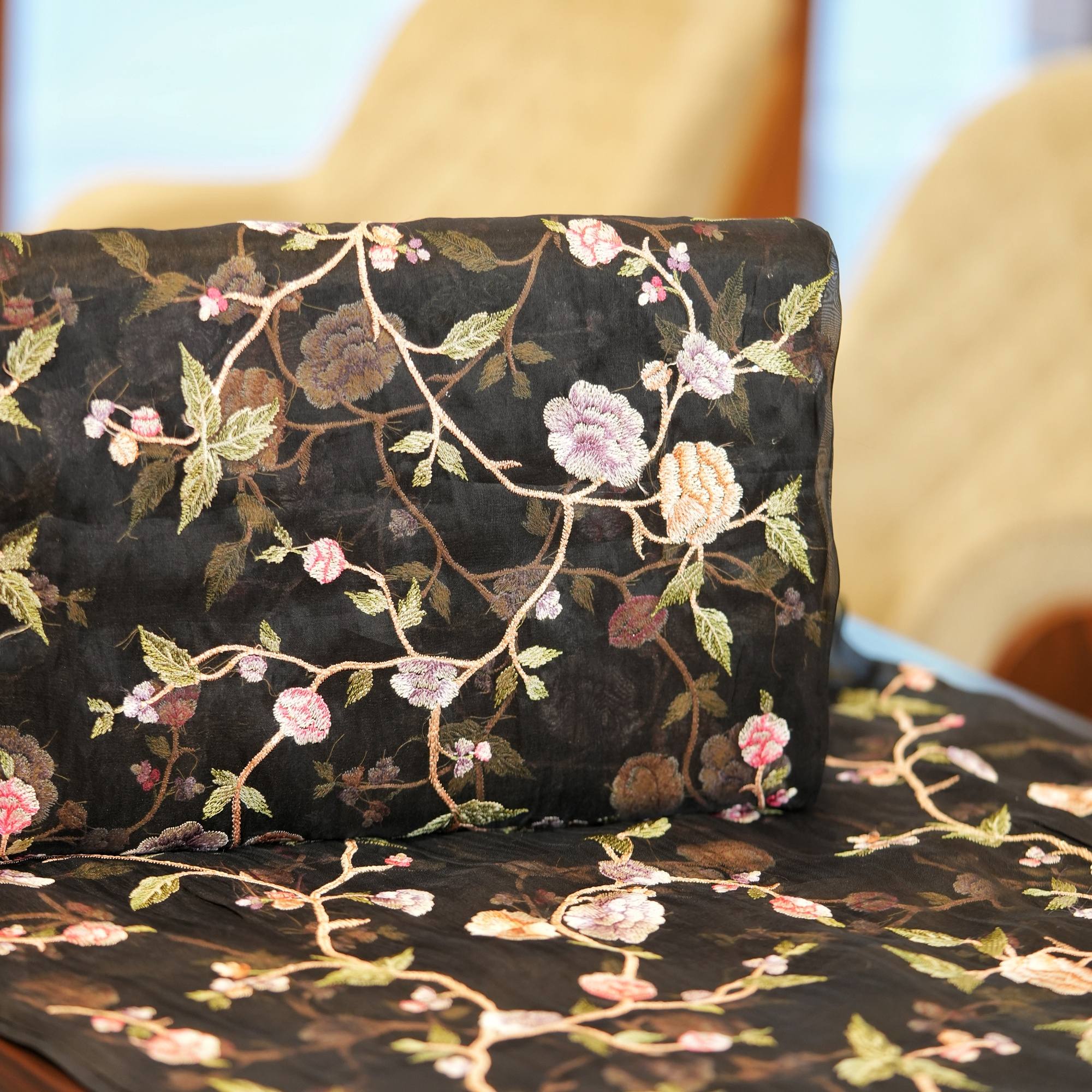 Black pure organza fabric with multicolor floral thread embroidery – sheer luxury designer fabric