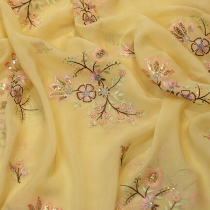 Yellow organza fabric with multicolor floral embroidery and sequin embellishments – luxury festive fabric