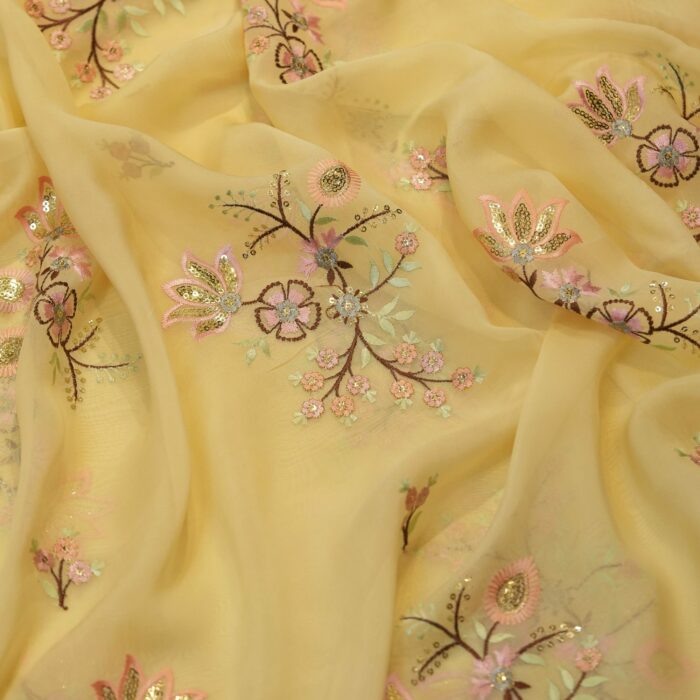 Yellow organza fabric with multicolor floral embroidery and sequin embellishments – luxury festive fabric