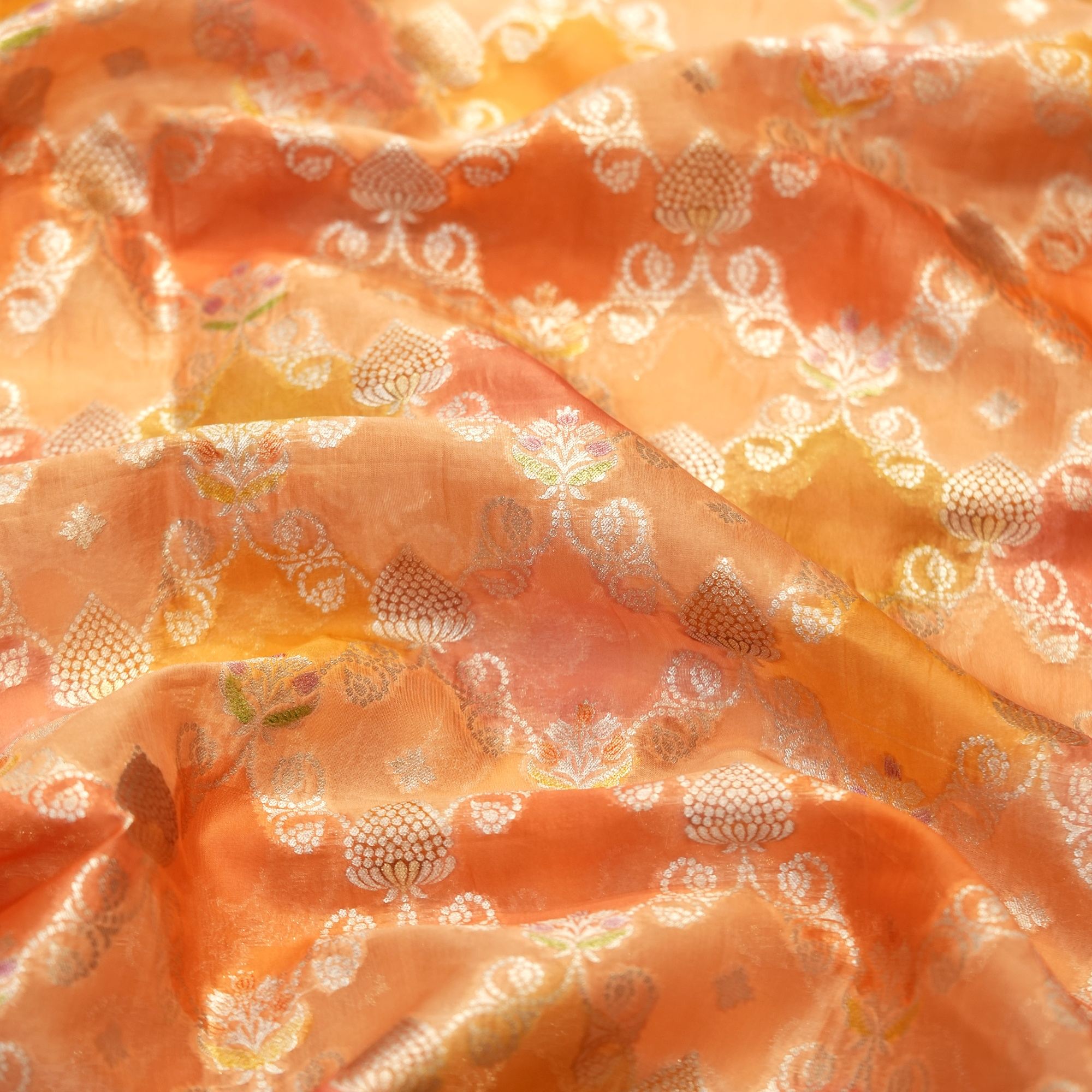 Pure organza fabric with Mughal-style floral Zari jaal and Rangkaat dye