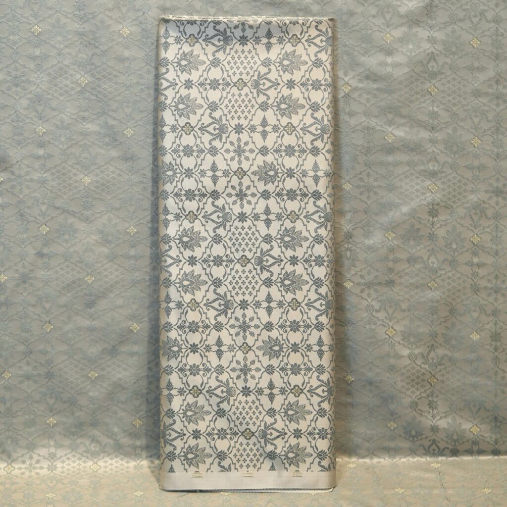 Silver grey jamawar silk fabric with bold contrast zari buti