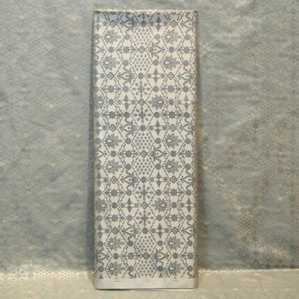 Silver grey jamawar silk fabric with bold contrast zari buti