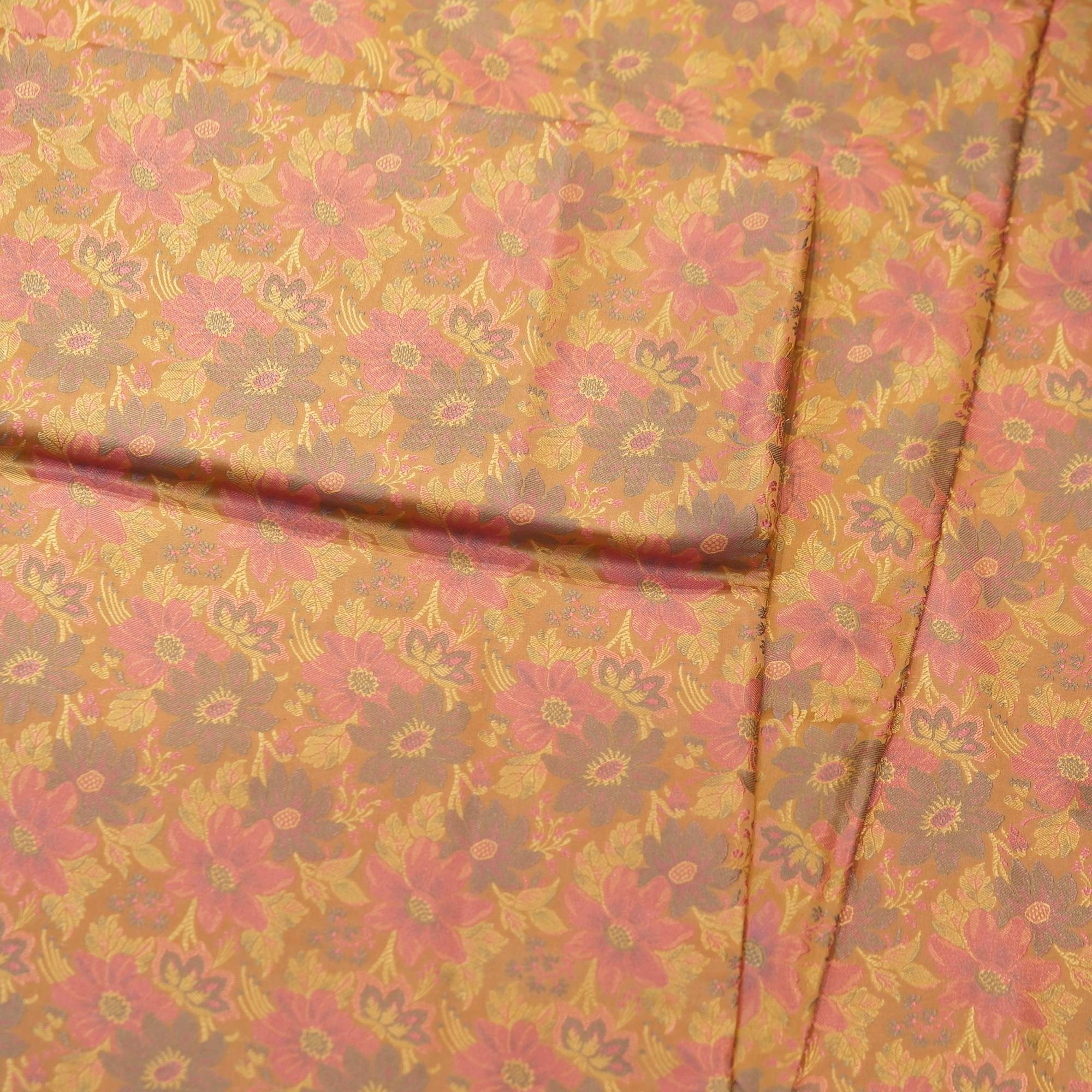 Golden resham silk fabric with woven multicolor floral Tanchoi design