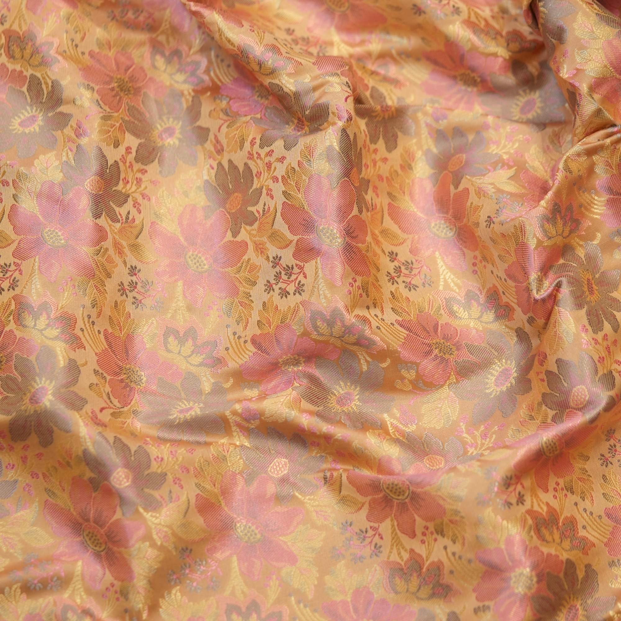 Golden resham silk fabric with woven multicolor floral Tanchoi design