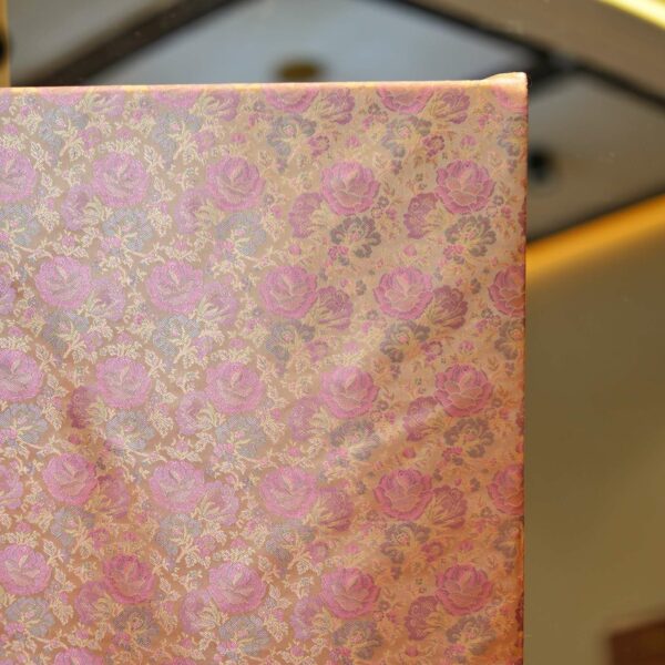 Tanchoi resham silk fabric with rose floral weaving in pastel pink and gold