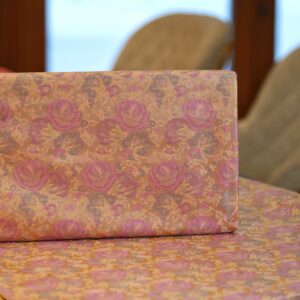 Tanchoi resham silk fabric with rose floral weaving in pastel pink and gold