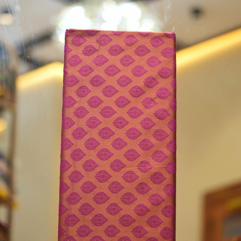 Pure handloom Tanchoi Jamawar resham silk fabric with geometric woven motifs in orange and magenta
