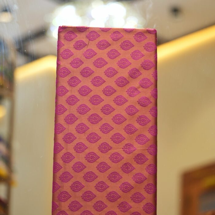 Pure handloom Tanchoi Jamawar resham silk fabric with geometric woven motifs in orange and magenta