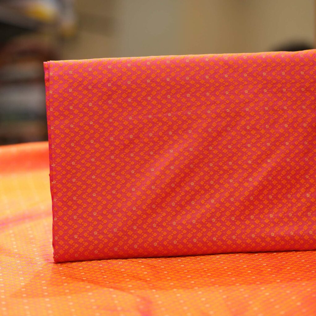 Pure handloom Tanchoi Jamawar silk fabric with Zari buti and small checkered pattern in resham weave
