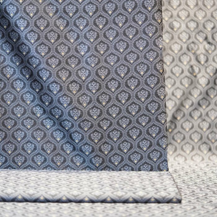 Pure Tanchoi Mughlai geometric Jamawar handloom silk fabric with Zari buti in shades of grey and silver