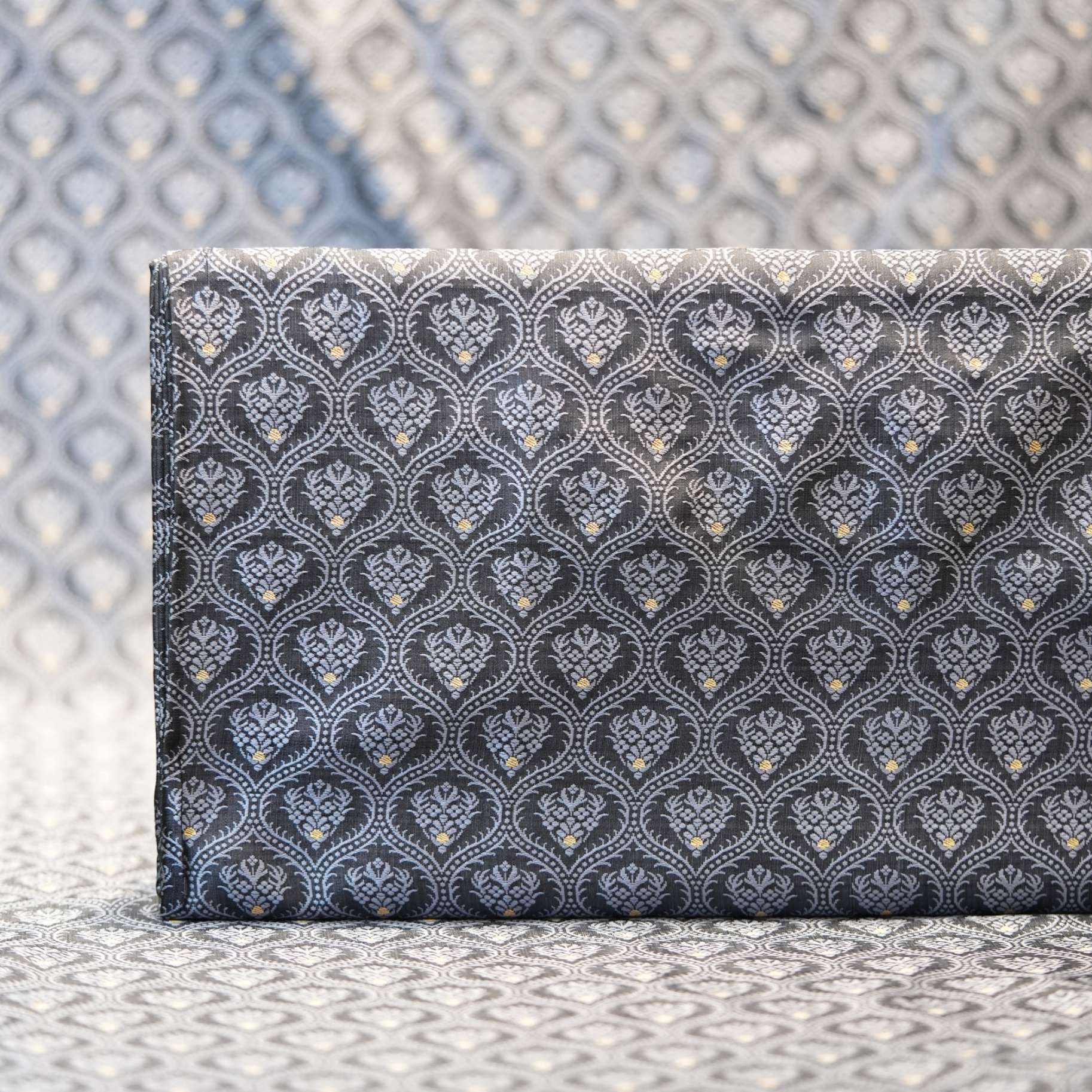 Pure Tanchoi Mughlai geometric Jamawar handloom silk fabric with Zari buti in shades of grey and silver