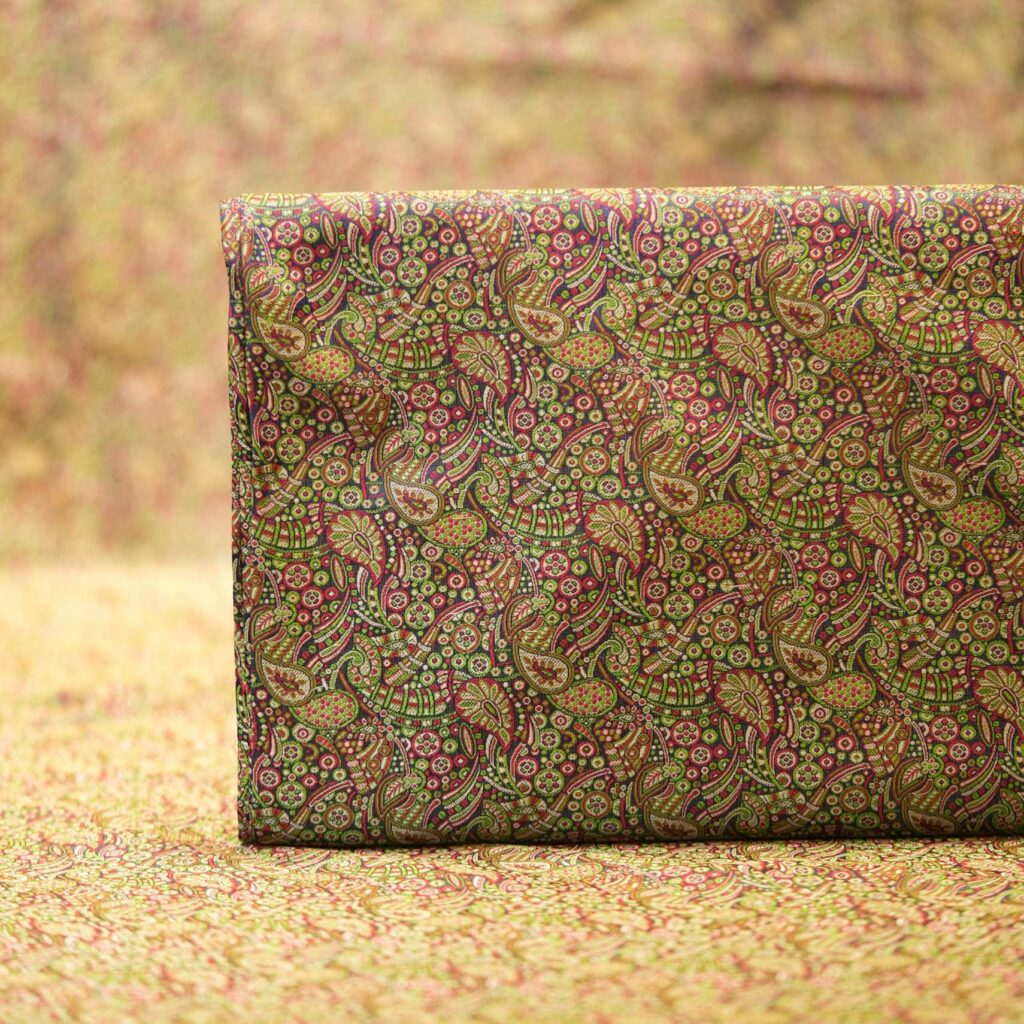Pure handloom Tanchoi jamawar silk fabric with paisley and floral motifs in multicolor resham