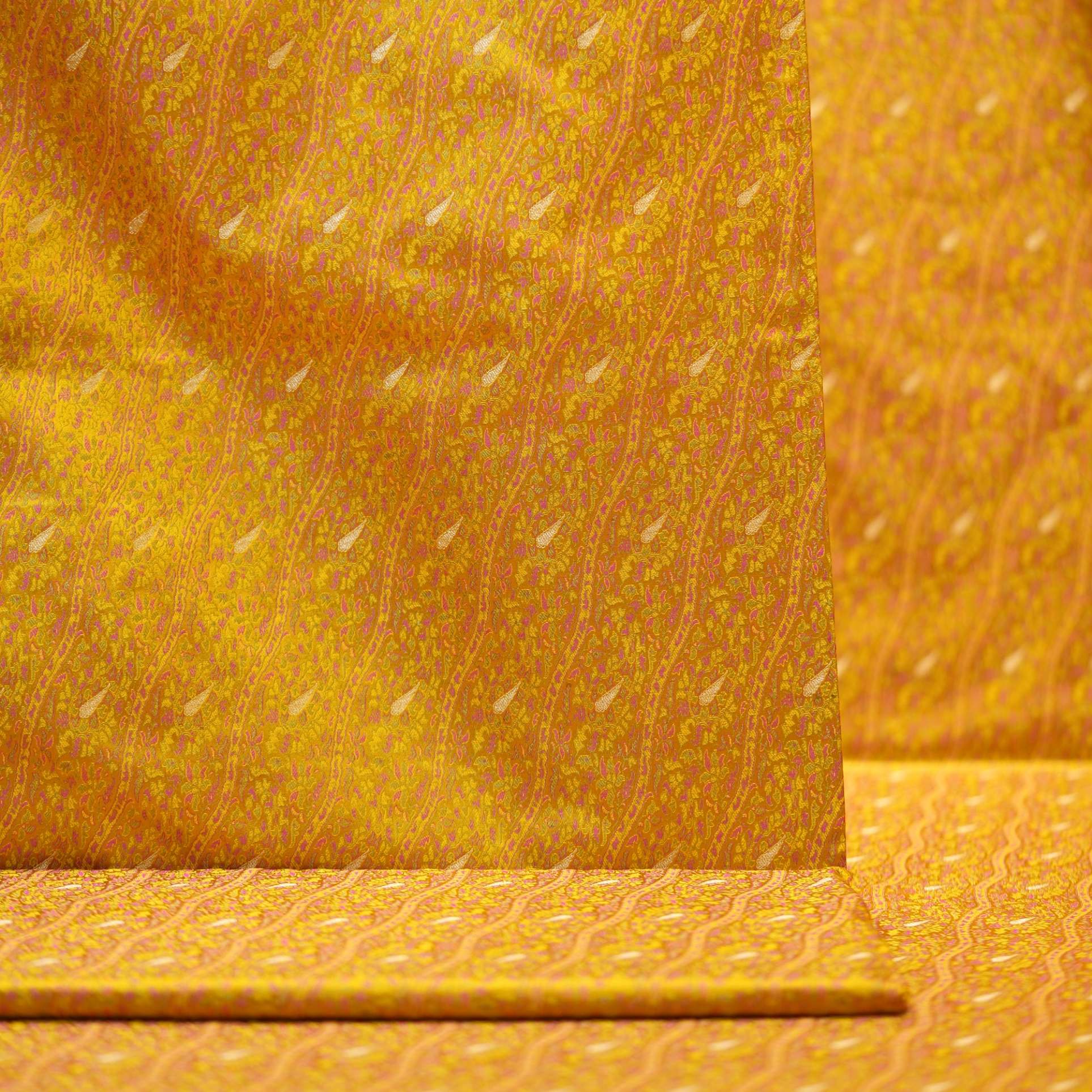 Golden Tanchoi jamawar silk fabric with diagonal Zari buta on pure kataan silk