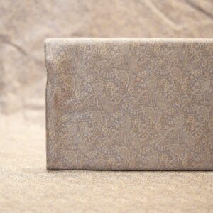 Elegant grey-beige Tanchoi jamawar handloom fabric in pure kataan silk with intricate paisley motifs