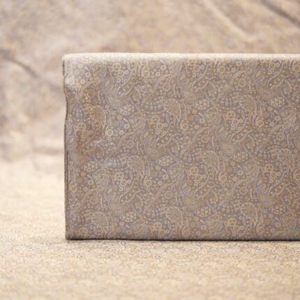 Elegant grey-beige Tanchoi jamawar handloom fabric in pure kataan silk with intricate paisley motifs