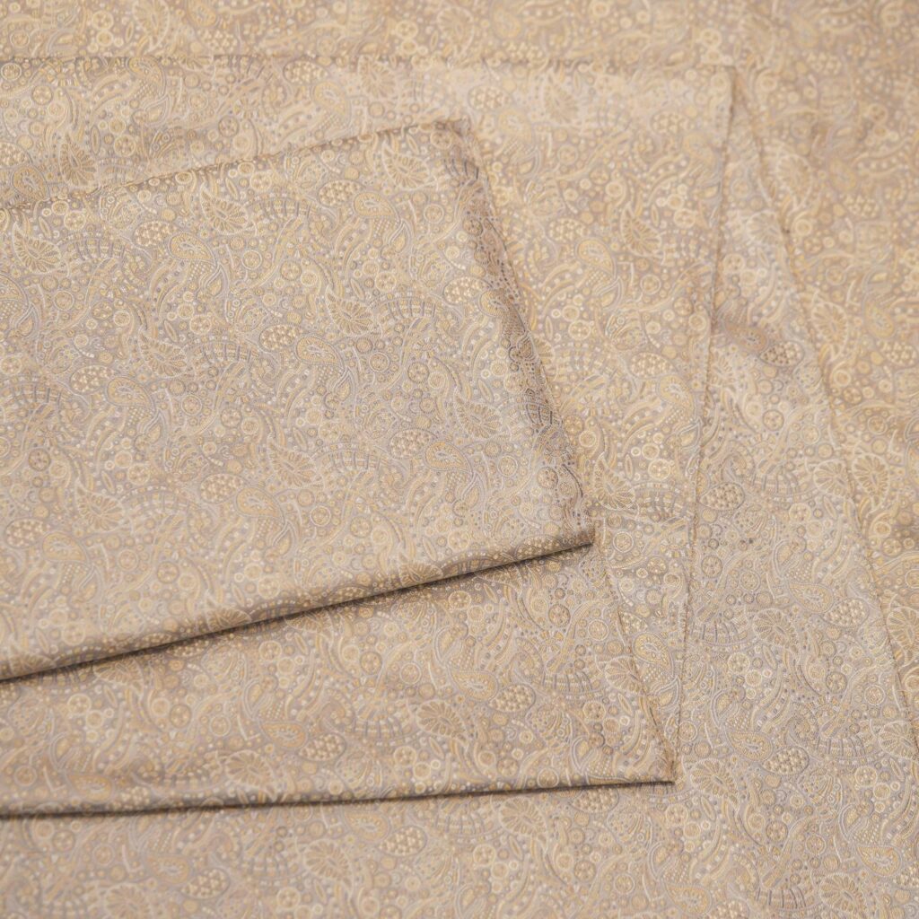 Elegant grey-beige Tanchoi jamawar handloom fabric in pure kataan silk with intricate paisley motifs