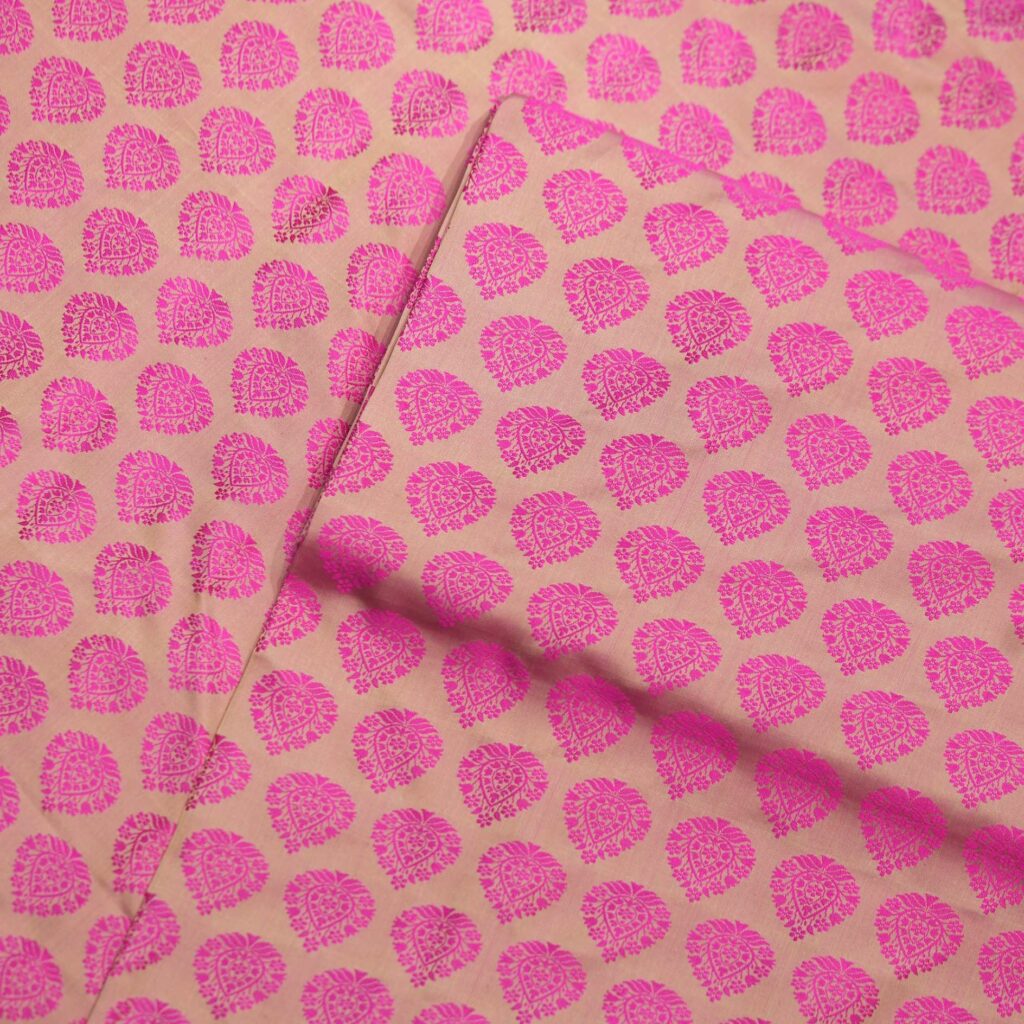 Beige and pink Tanchoi jamawar handloom kataan silk fabric with Mughal-inspired leaf pattern