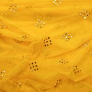 Yellow net fabric with gold mukaish diamond-shaped bootis