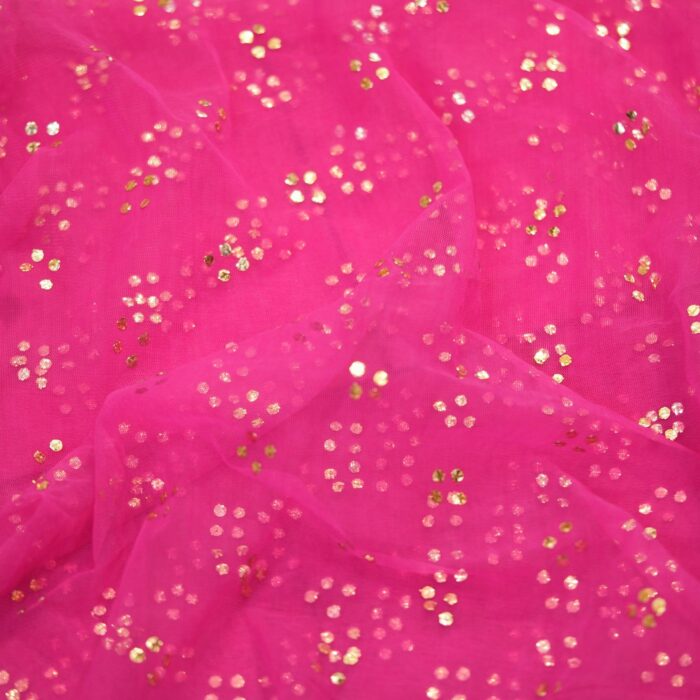 Pink net fabric with gold mukaish work in clustered dot pattern