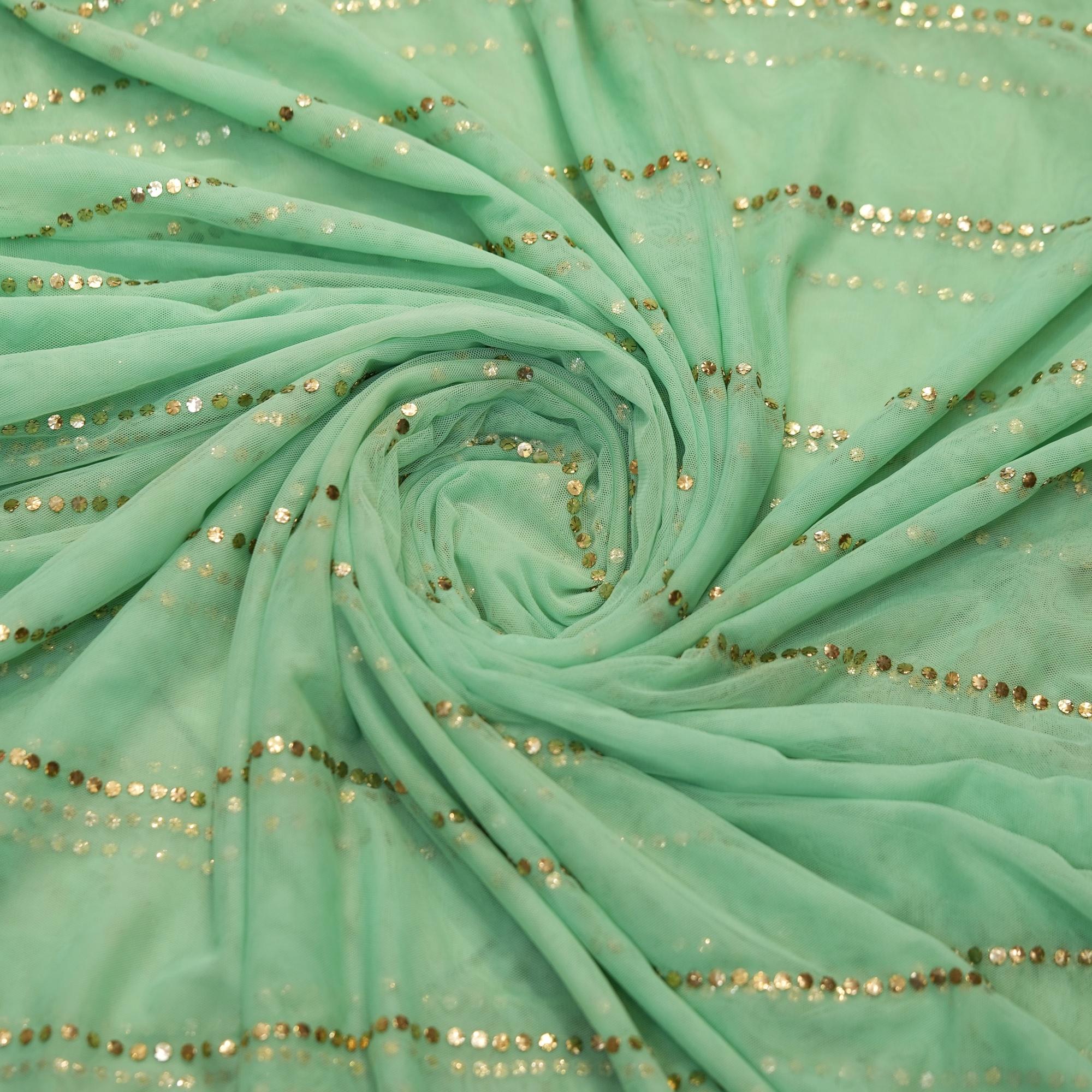 Mint green net fabric with vertical hand mukaish embroidery