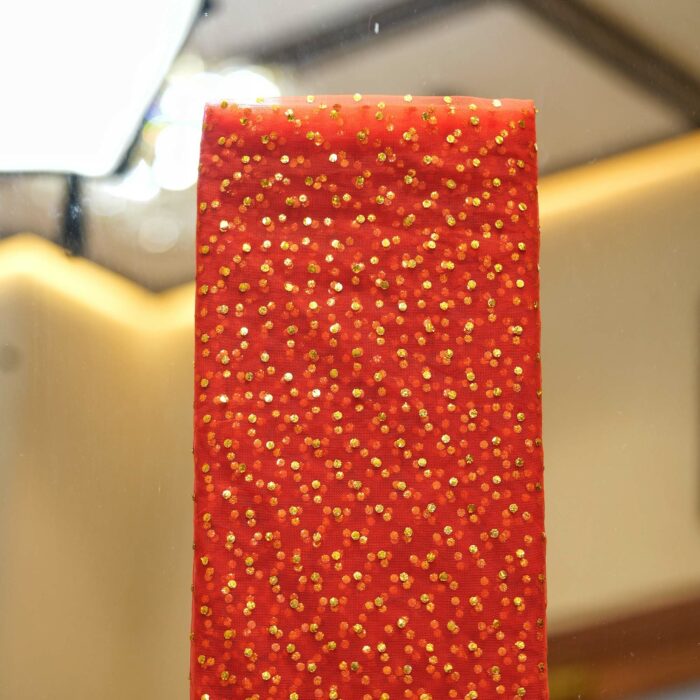Red net fabric with dense gold mukaish work