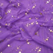 Purple net fabric with gold and silver Mukaish work in swirl dot pattern