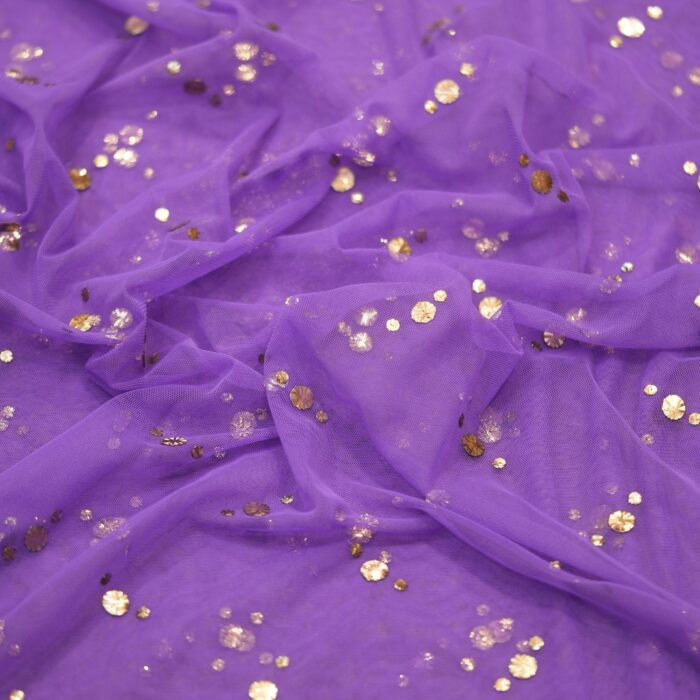 Purple net fabric with gold and silver Mukaish work in swirl dot pattern